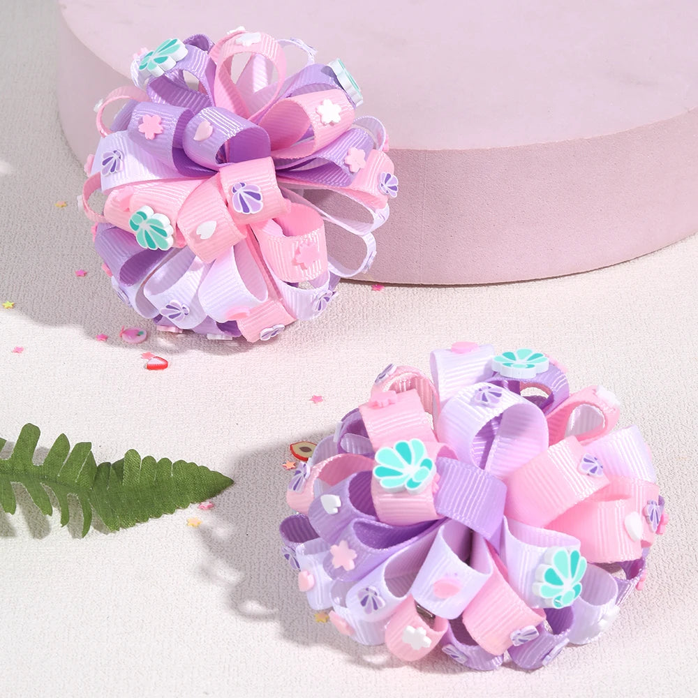 2Pcs Rainbow Hydrangea Flower Hair Clips – Kids Ribbon Ponytail Holders