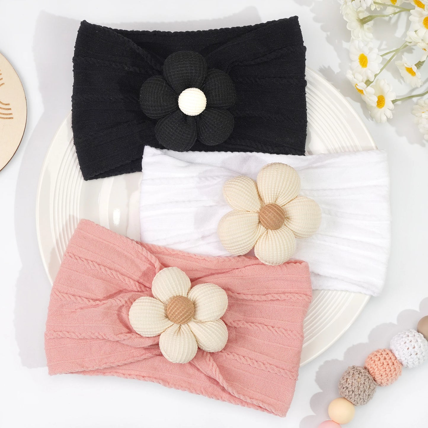 3Pcs Nylon Flower Headbands for Baby Girls – Soft Elastic Knit Turban Bows