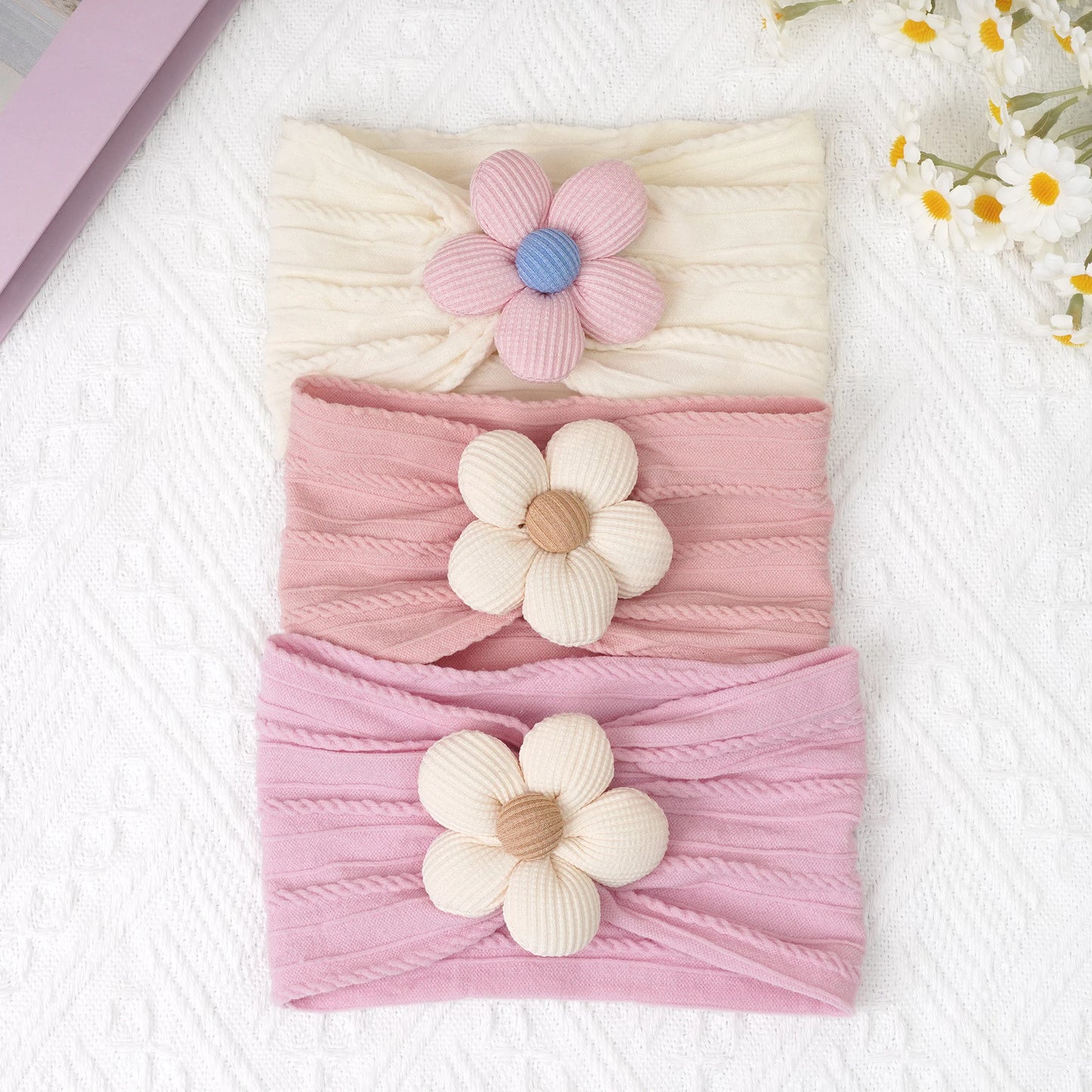 3Pcs Nylon Flower Headbands for Baby Girls – Soft Elastic Knit Turban Bows