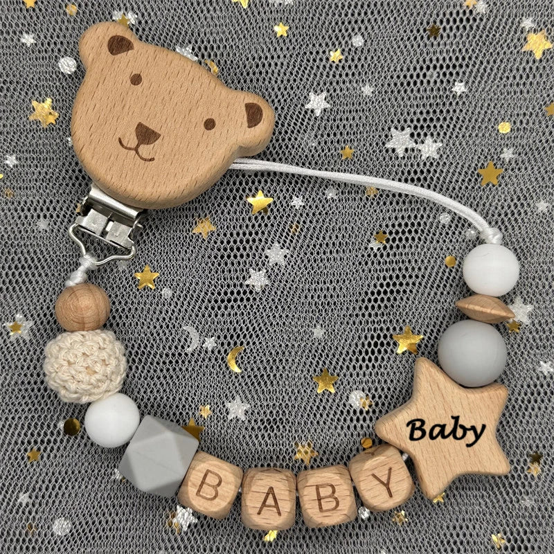 Custom Name Bear Pacifier Clip – Handmade Wooden & Silicone Teether Chain