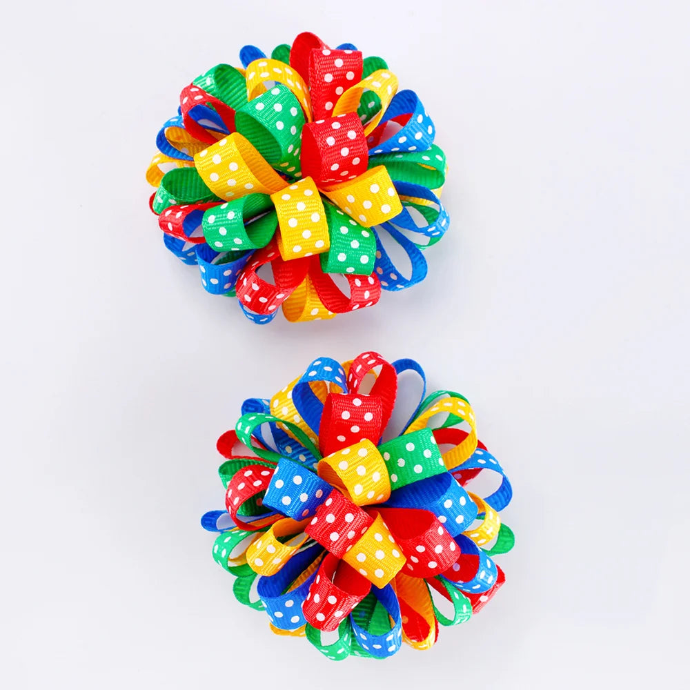 2Pcs Rainbow Hydrangea Flower Hair Clips – Kids Ribbon Ponytail Holders
