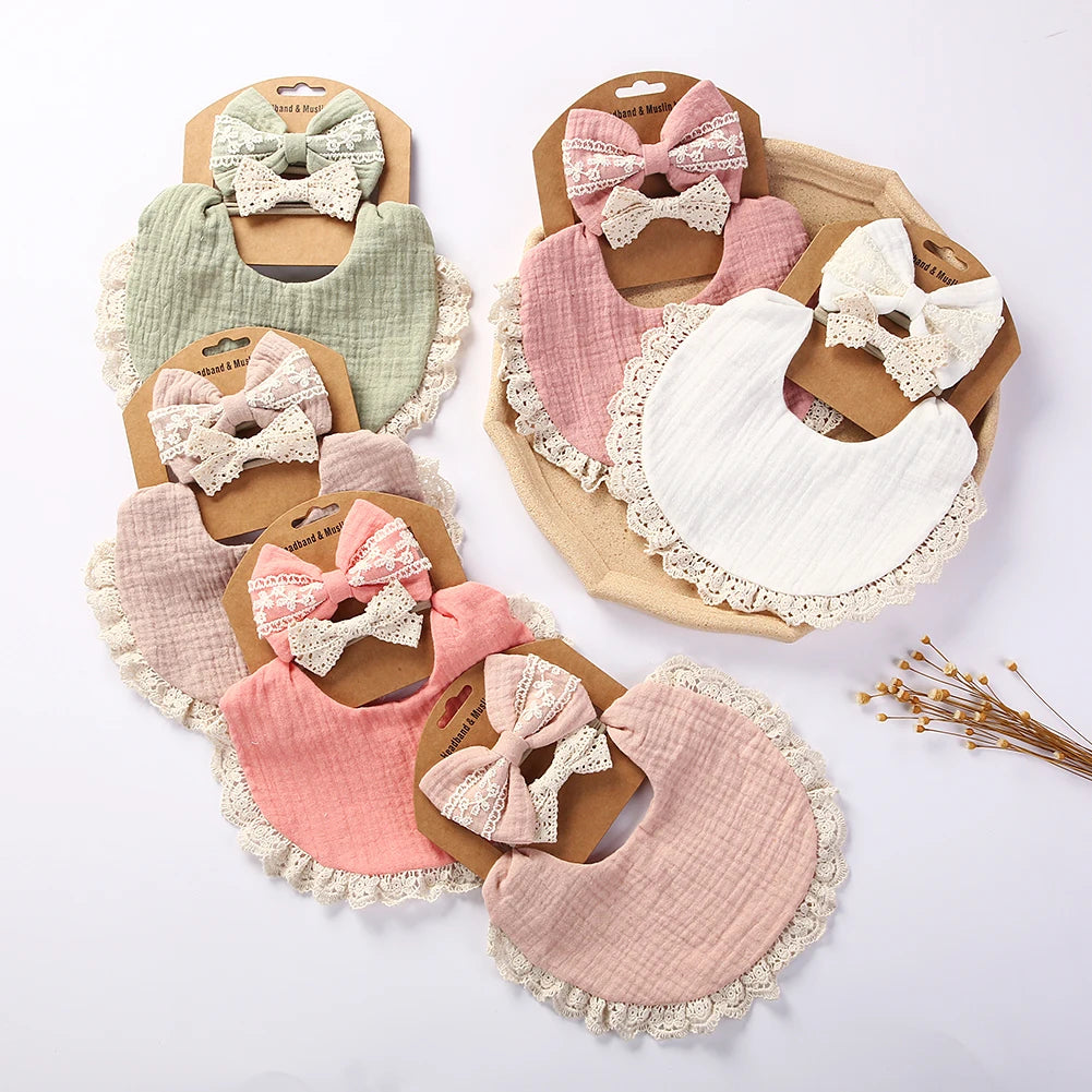 Cotton Muslin Baby Bib Set – Multi-Use Scarf, Headband & Drool Bib with Tassel Trim