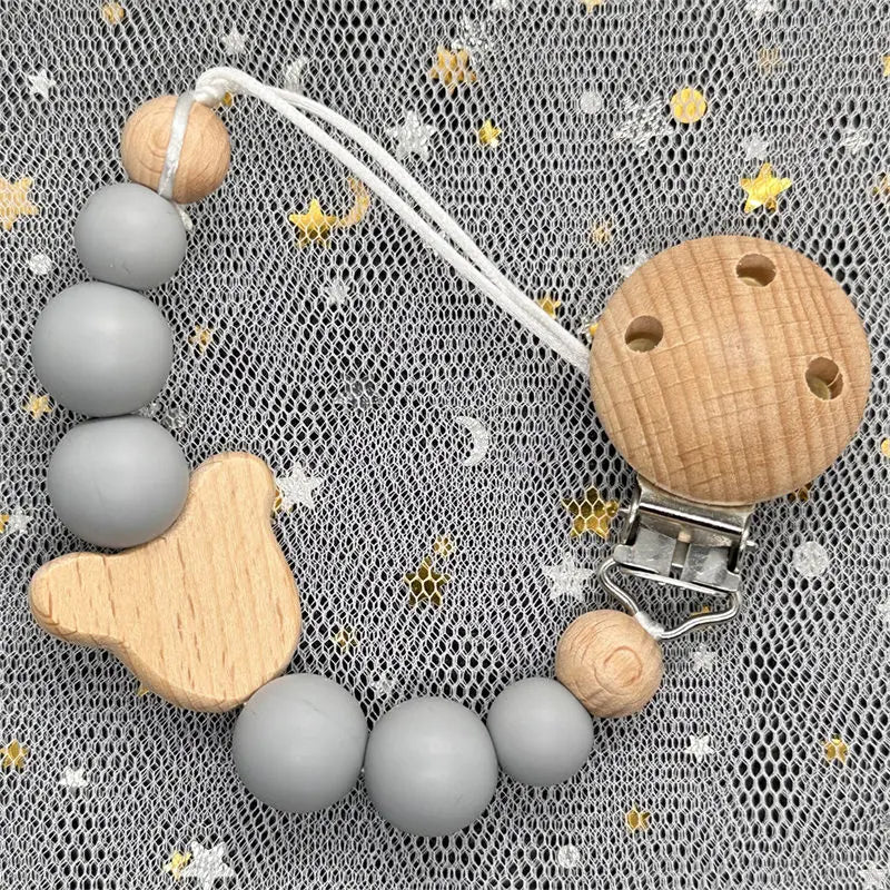 Custom Name Bear Pacifier Clip – Handmade Wooden & Silicone Teether Chain