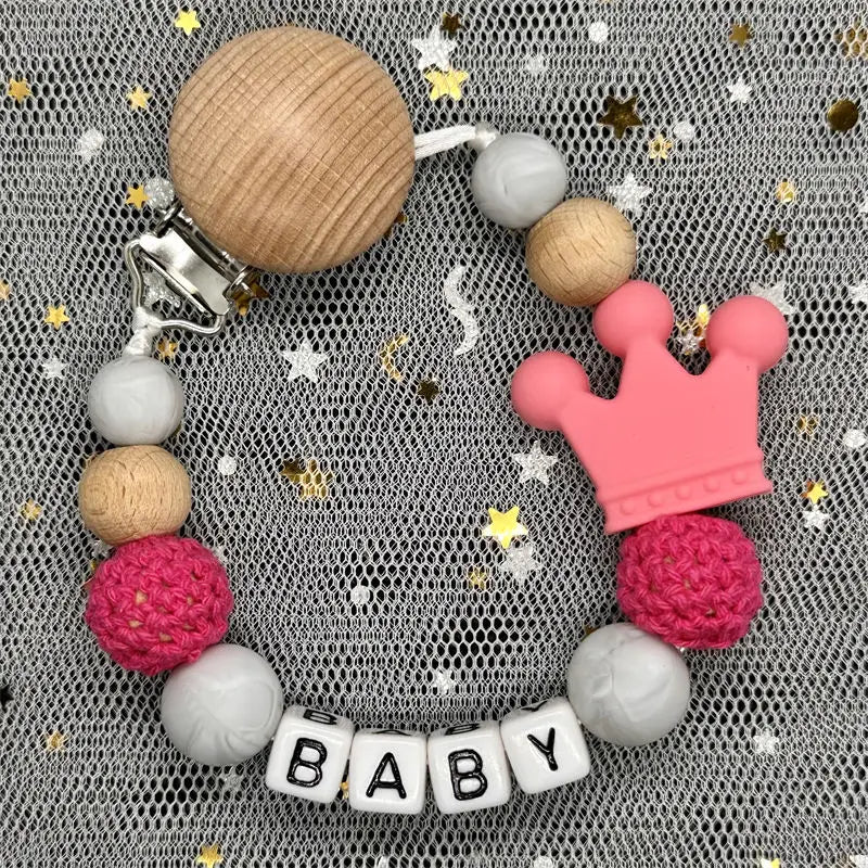 Personalized Rainbow Pacifier Clip – Handmade Beech & Silicone Name Teether Holder