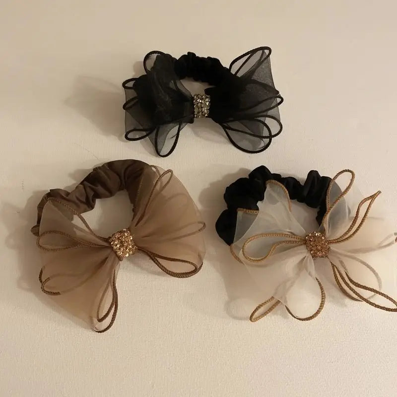 1PC Rhinestone Ribbon Elastic Hair Tie – Net Yarn Marble High Ponytail Band