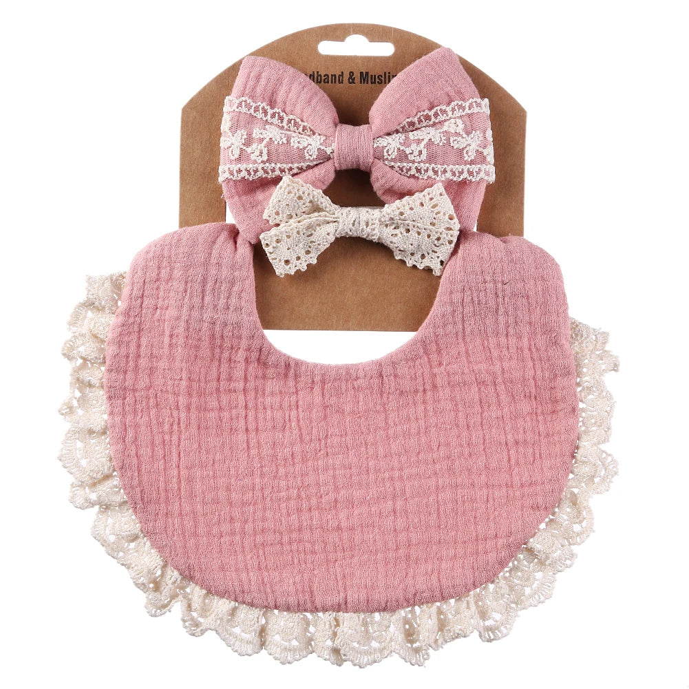 Cotton Muslin Baby Bib Set – Multi-Use Scarf, Headband & Drool Bib with Tassel Trim