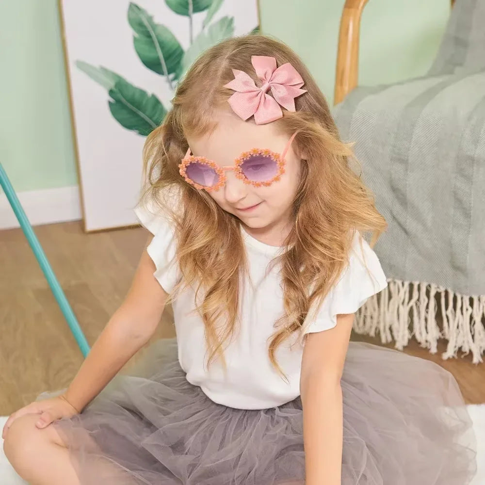 3Pcs Cheer Bow Hairclip & Retro Flower Sunglasses Set – Kids Handmade Hair Accessories