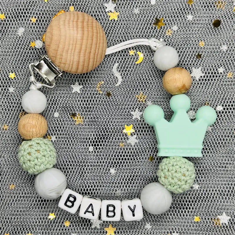 Personalized Rainbow Pacifier Clip – Handmade Beech & Silicone Name Teether Holder