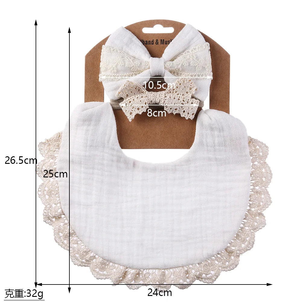 Cotton Muslin Baby Bib Set – Multi-Use Scarf, Headband & Drool Bib with Tassel Trim
