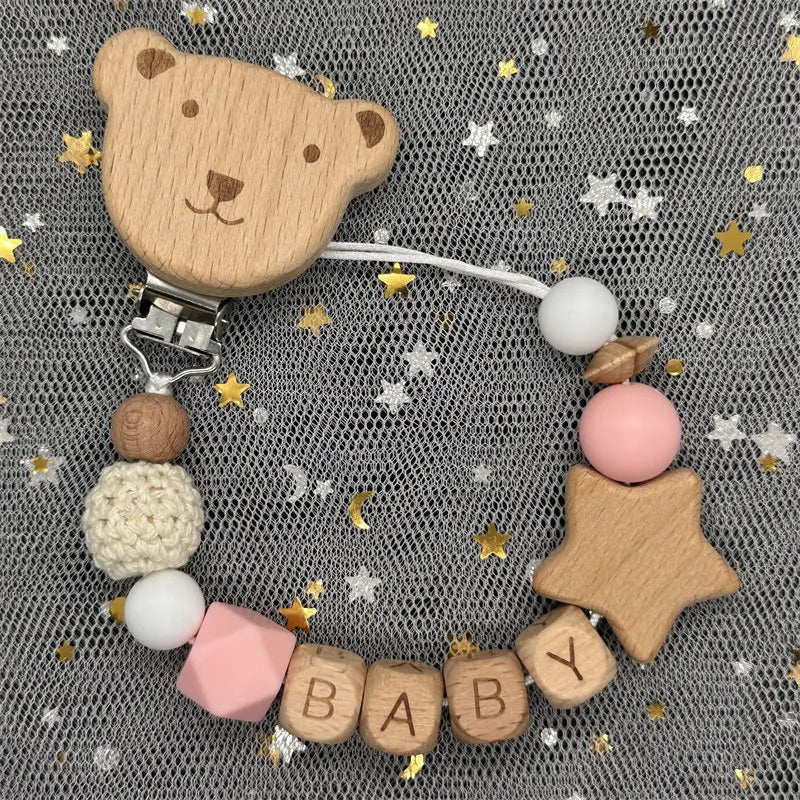 Custom Name Bear Pacifier Clip – Handmade Wooden & Silicone Teether Chain