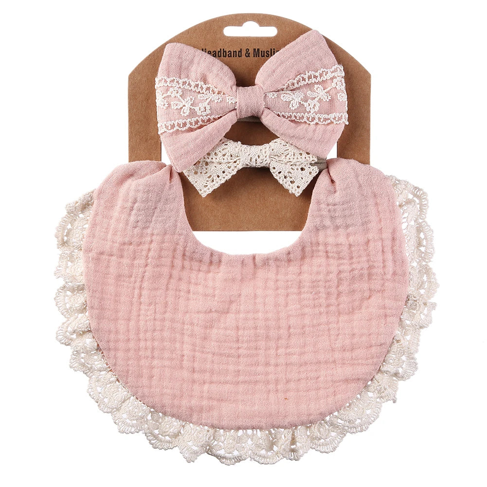 Cotton Muslin Baby Bib Set – Multi-Use Scarf, Headband & Drool Bib with Tassel Trim
