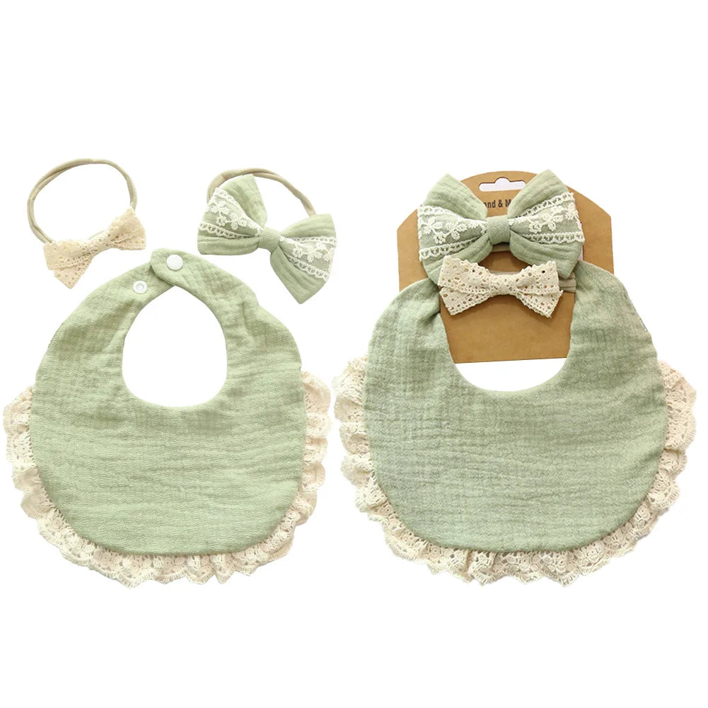 Cotton Muslin Baby Bib Set – Multi-Use Scarf, Headband & Drool Bib with Tassel Trim