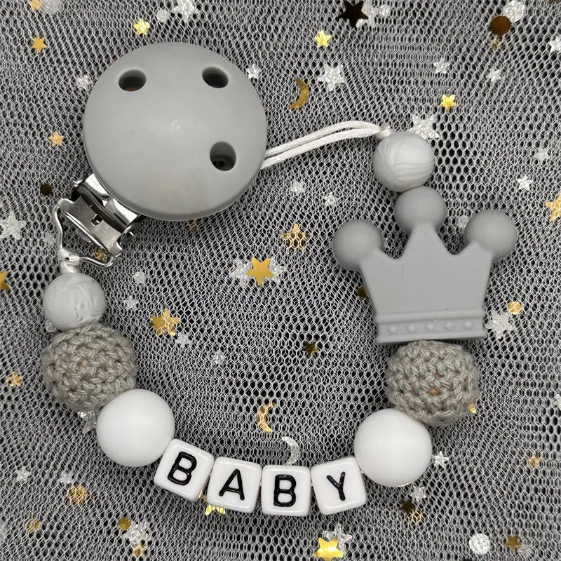 Custom Name Animal Pacifier Clip – Personalized Silicone & Beech Wood Teether Chain