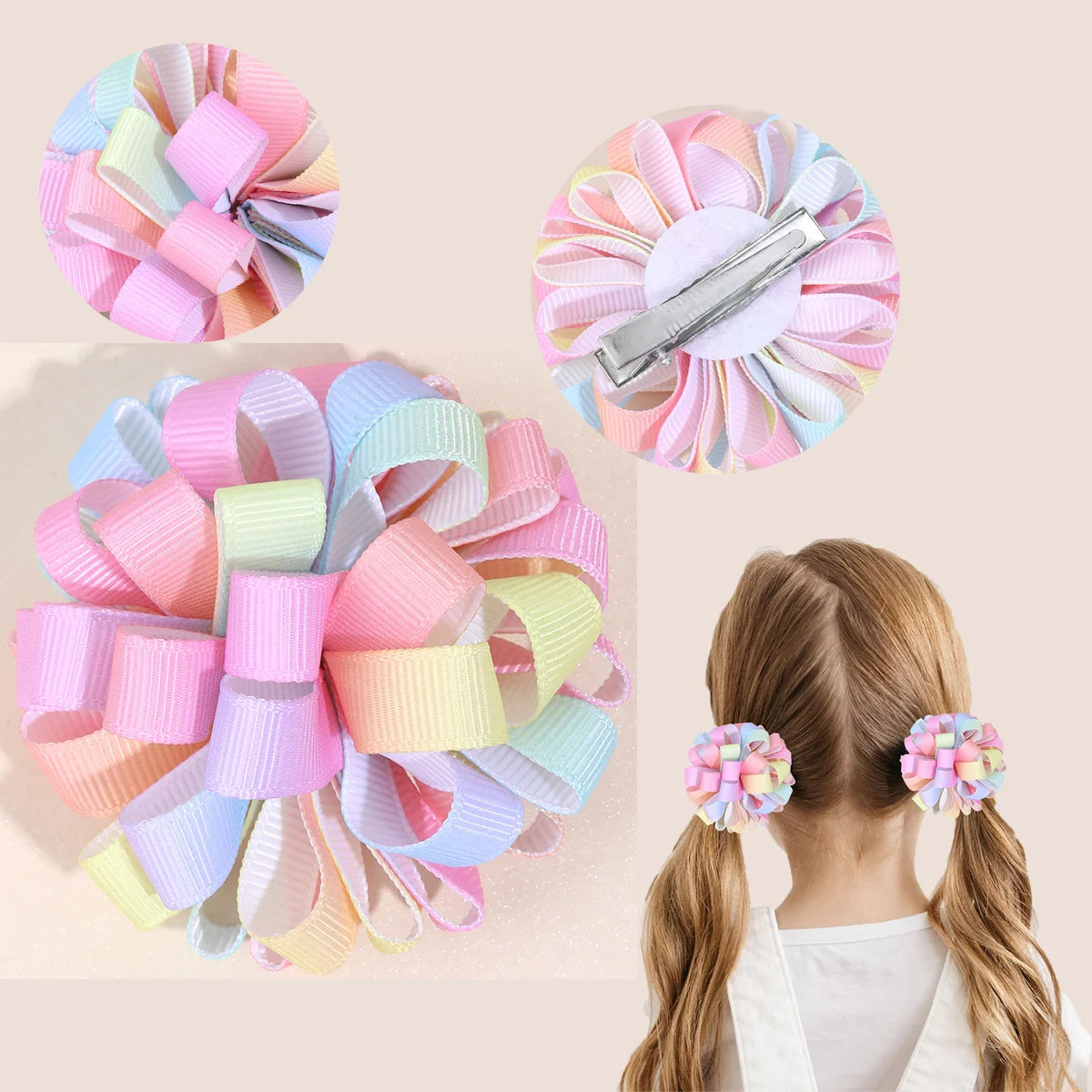 2Pcs Rainbow Hydrangea Flower Hair Clips – Kids Ribbon Ponytail Holders