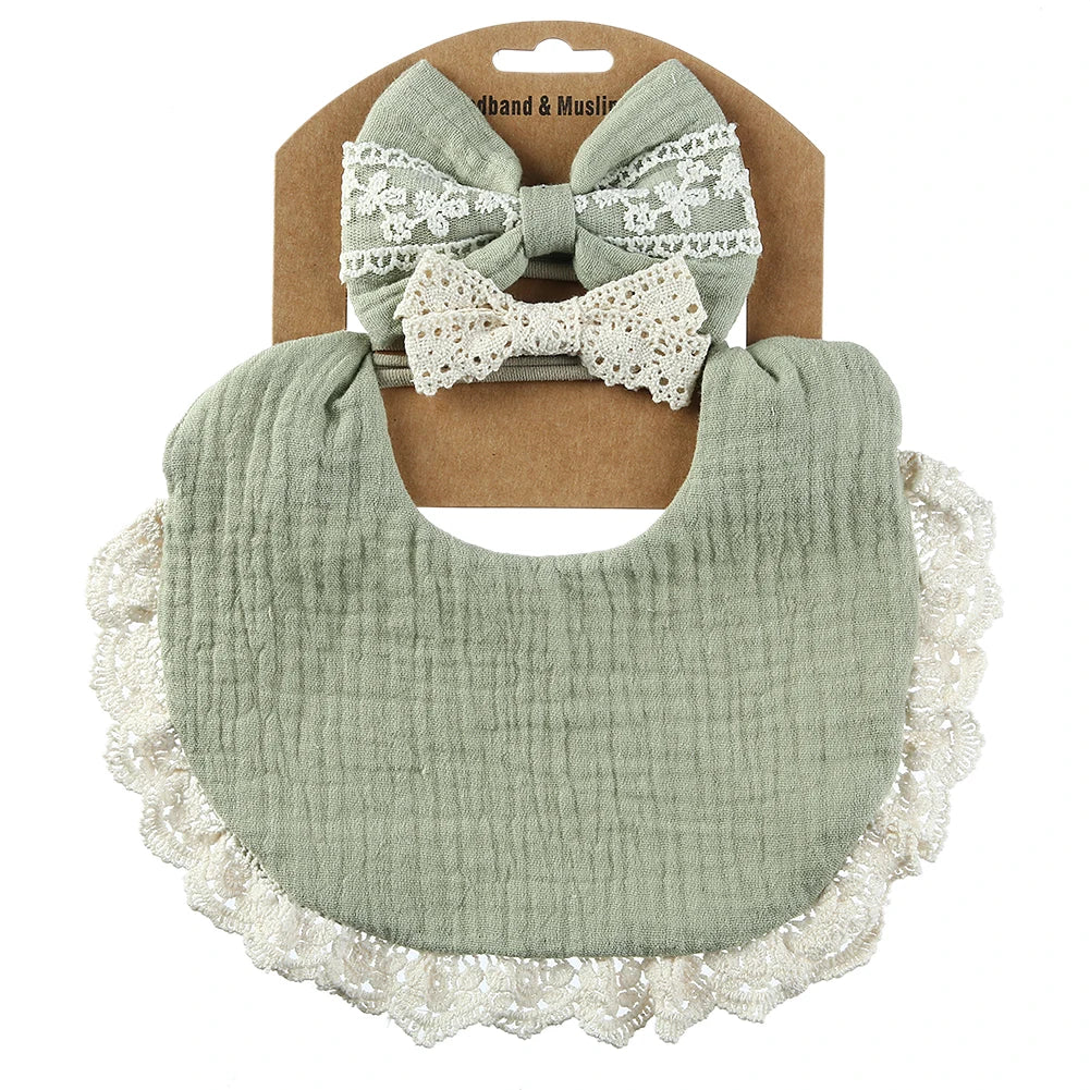 Cotton Muslin Baby Bib Set – Multi-Use Scarf, Headband & Drool Bib with Tassel Trim