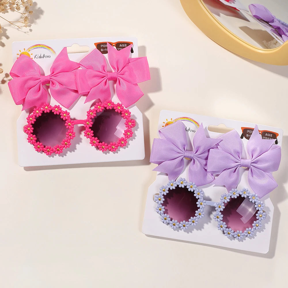 3Pcs Cheer Bow Hairclip & Retro Flower Sunglasses Set – Kids Handmade Hair Accessories