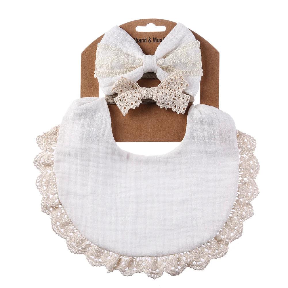 Cotton Muslin Baby Bib Set – Multi-Use Scarf, Headband & Drool Bib with Tassel Trim