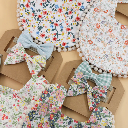Floral Cotton Linen Baby Bib with Matching Headband – Double-Layer, Reversible Bandana Bib
