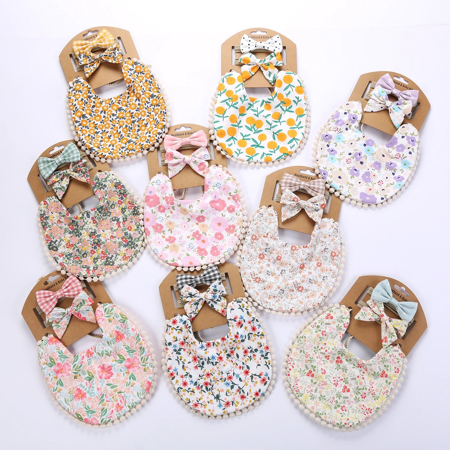 Floral Cotton Linen Baby Bib with Matching Headband – Double-Layer, Reversible Bandana Bib