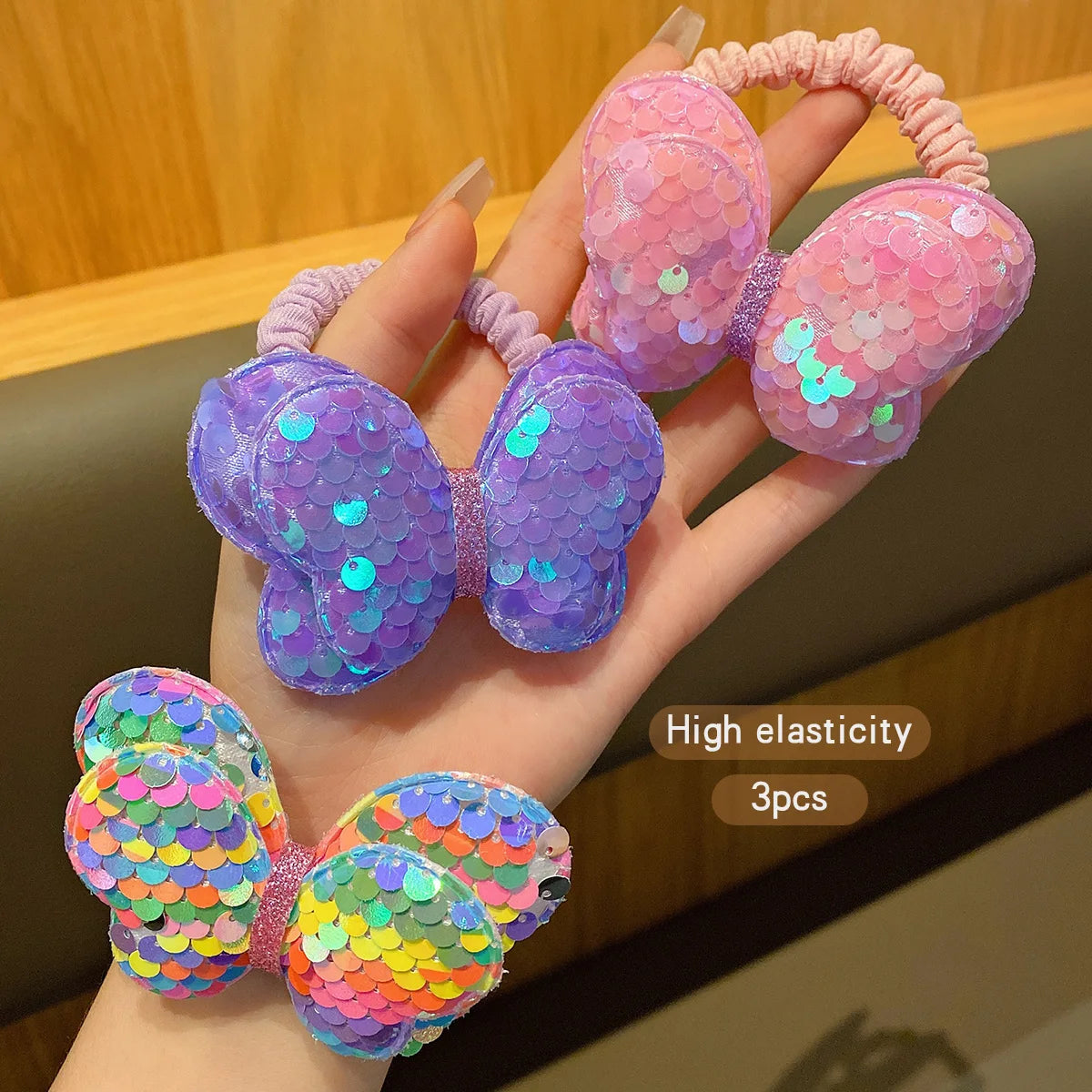 3Pcs Shiny Bow Hair Rings – Colorful Elastic Hair Bands for Girls