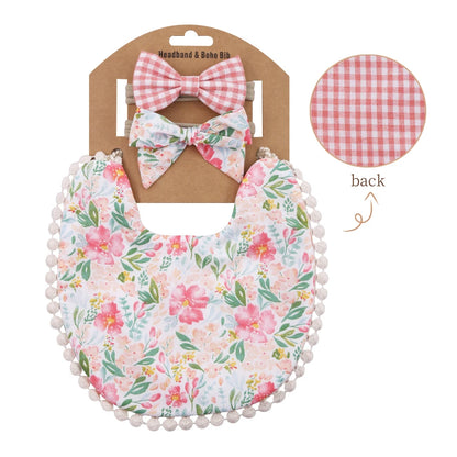 Floral Cotton Linen Baby Bib with Matching Headband – Double-Layer, Reversible Bandana Bib