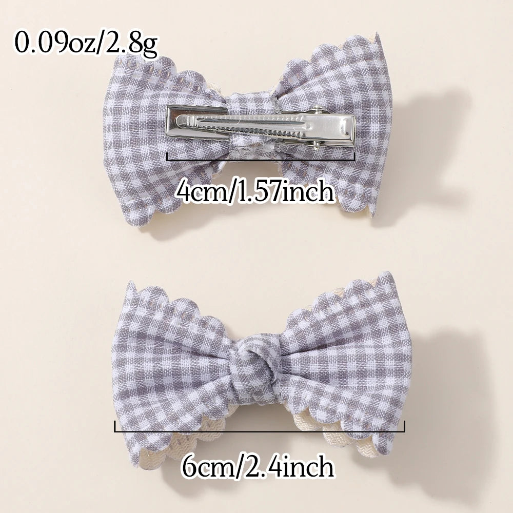 2Pcs Flower Print Bow Hair Clips for Baby Girls – Handmade Cotton Plaid Hairpins