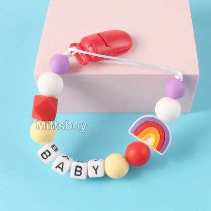 Personalized Rainbow Pacifier Clip – Handmade Beech & Silicone Name Teether Holder