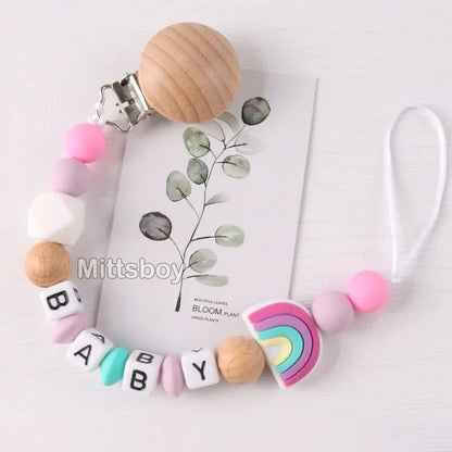 Personalized Rainbow Pacifier Clip – Handmade Beech & Silicone Name Teether Holder