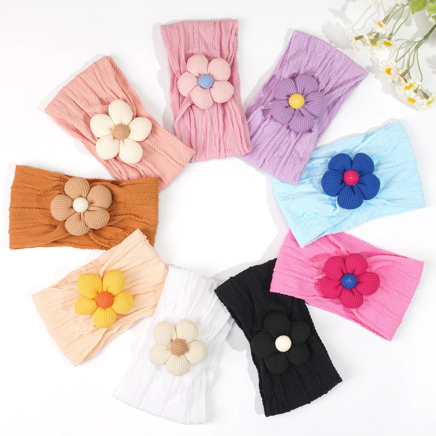 3Pcs Nylon Flower Headbands for Baby Girls – Soft Elastic Knit Turban Bows