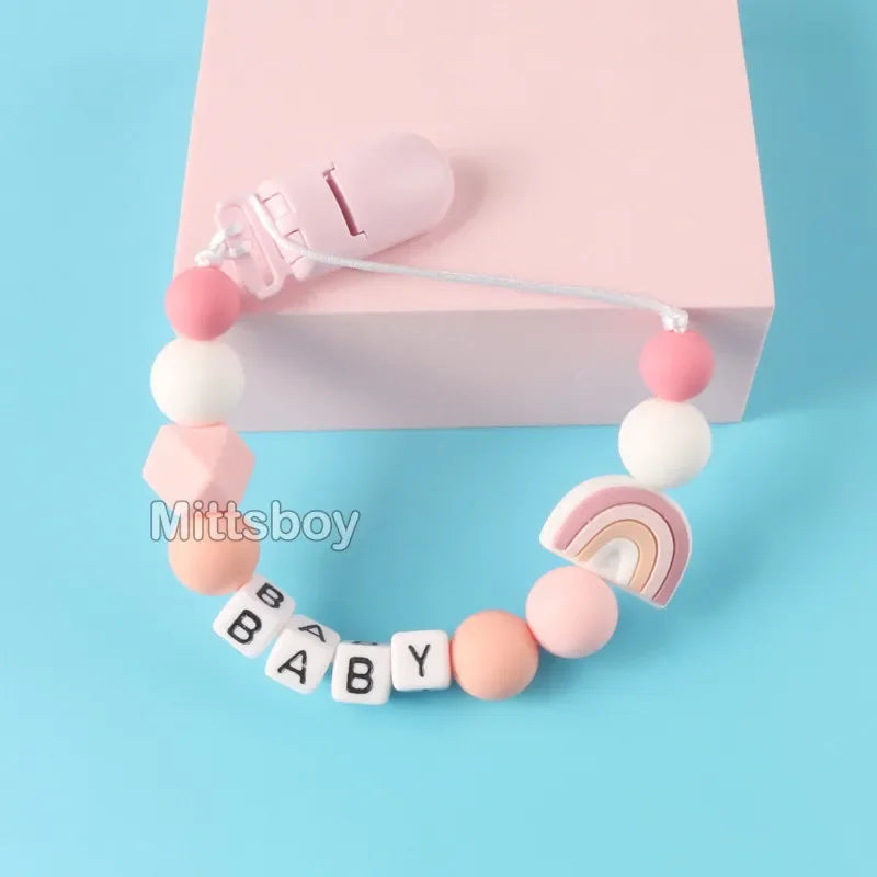 Personalized Rainbow Pacifier Clip – Handmade Beech & Silicone Name Teether Holder