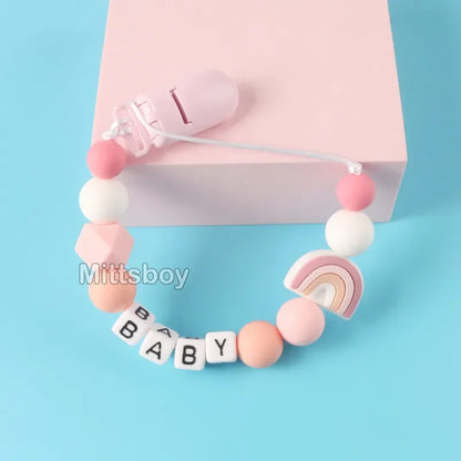 Personalized Rainbow Pacifier Clip – Handmade Beech & Silicone Name Teether Holder