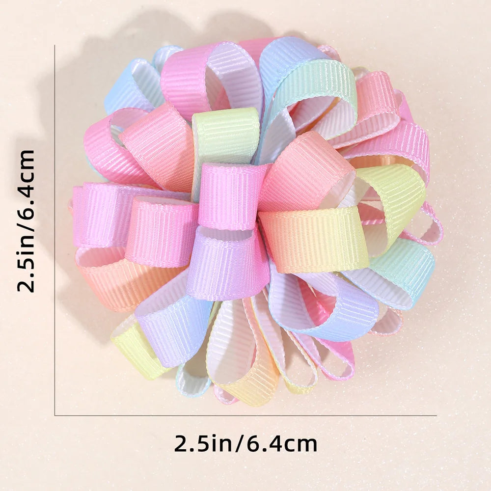 2Pcs Rainbow Hydrangea Flower Hair Clips – Kids Ribbon Ponytail Holders