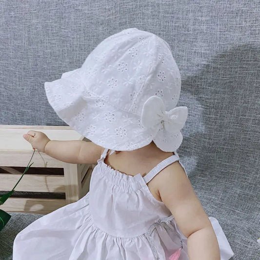 Embroidered Flower Baby Girl Bucket Hat – Cotton Sun Cap with Bow