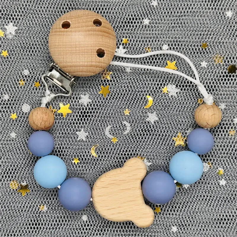 Custom Name Bear Pacifier Clip – Handmade Wooden & Silicone Teether Chain