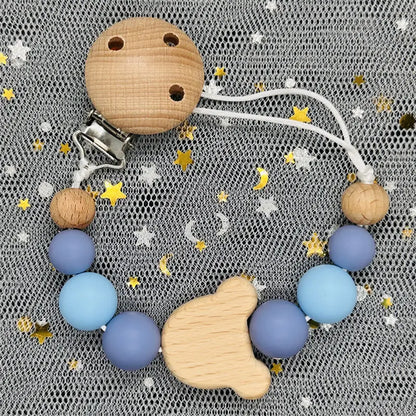 Custom Name Bear Pacifier Clip – Handmade Wooden & Silicone Teether Chain