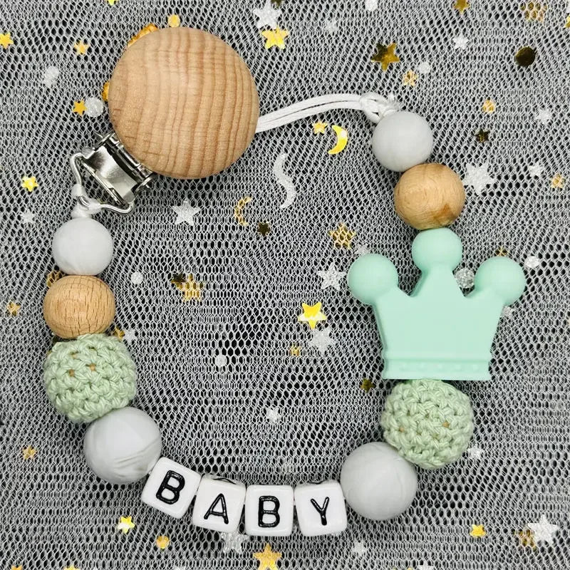 Personalized Rainbow Pacifier Clip – Handmade Beech & Silicone Name Teether Holder