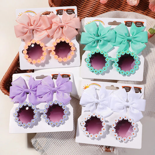 3Pcs Cheer Bow Hairclip & Retro Flower Sunglasses Set – Kids Handmade Hair Accessories