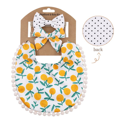 Floral Cotton Linen Baby Bib with Matching Headband – Double-Layer, Reversible Bandana Bib