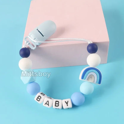 Personalized Rainbow Pacifier Clip – Handmade Beech & Silicone Name Teether Holder