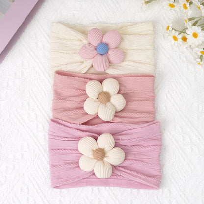 3Pcs Nylon Flower Headbands for Baby Girls – Soft Elastic Knit Turban Bows