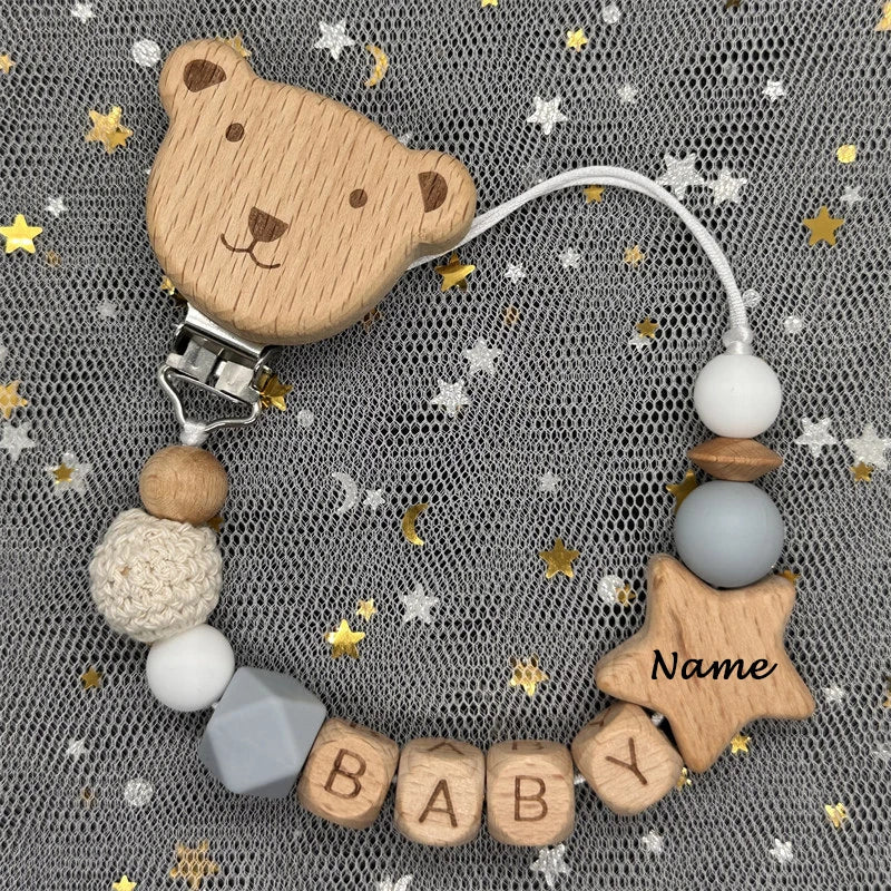 Custom Name Bear Pacifier Clip – Handmade Wooden & Silicone Teether Chain