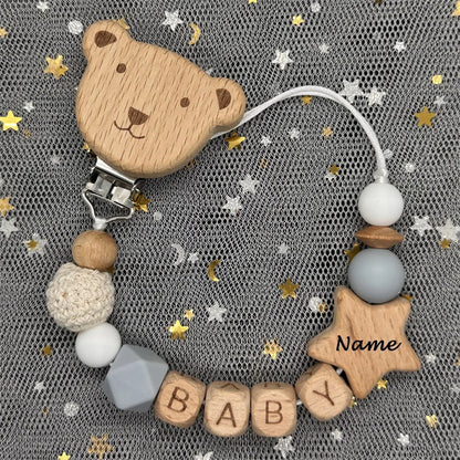 Custom Name Bear Pacifier Clip – Handmade Wooden & Silicone Teether Chain
