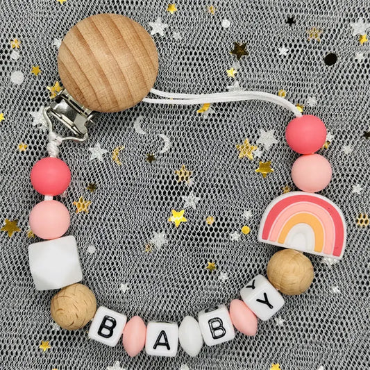 Personalized Rainbow Pacifier Clip – Handmade Beech & Silicone Name Teether Holder