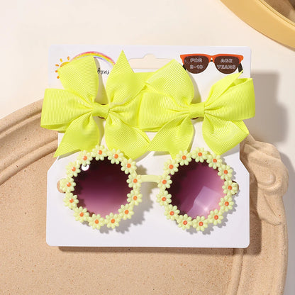 3Pcs Cheer Bow Hairclip & Retro Flower Sunglasses Set – Kids Handmade Hair Accessories