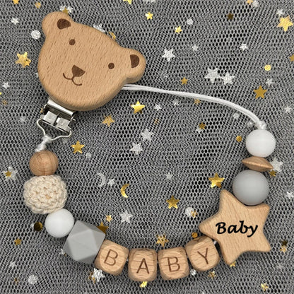 Custom Name Bear Pacifier Clip – Handmade Wooden & Silicone Teether Chain