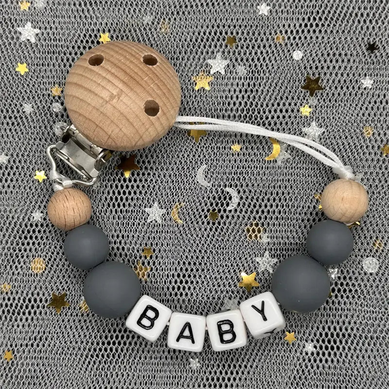 Custom Name Animal Pacifier Clip – Personalized Silicone & Beech Wood Teether Chain