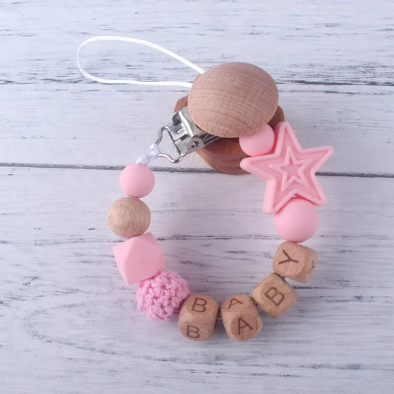 Personalized Rainbow Pacifier Clip – Handmade Beech & Silicone Name Teether Holder