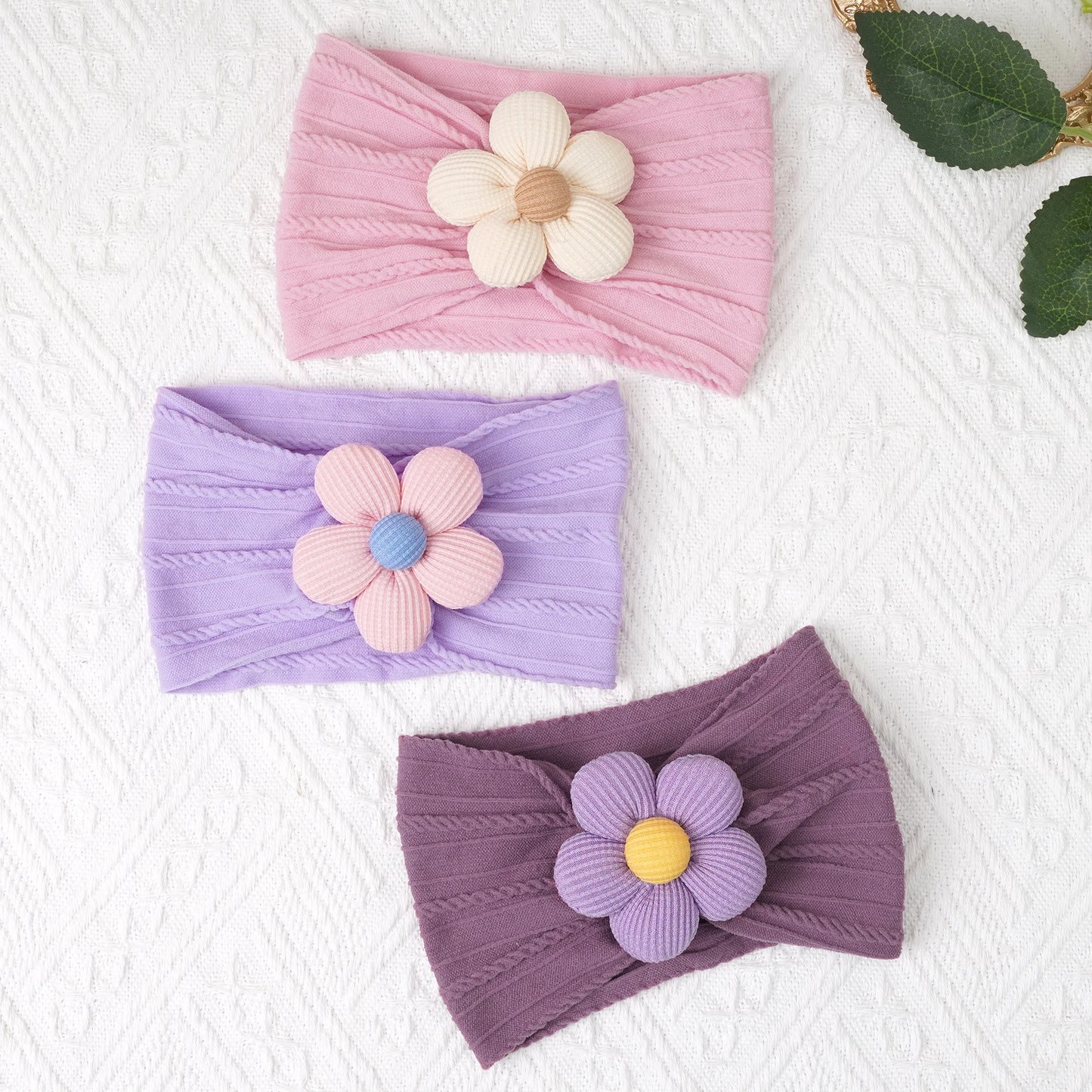 3Pcs Nylon Flower Headbands for Baby Girls – Soft Elastic Knit Turban Bows