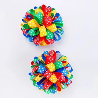 2Pcs Rainbow Hydrangea Flower Hair Clips – Kids Ribbon Ponytail Holders