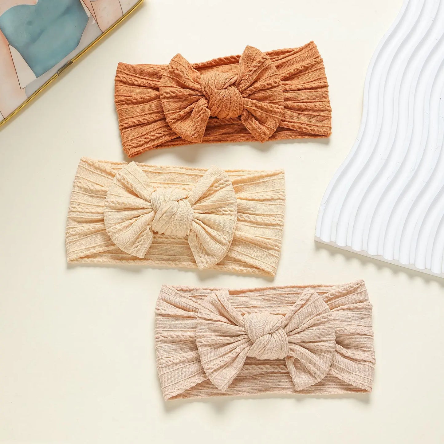 3Pcs Soft Nylon Knot Bow Baby Headbands – Cable Knit Turban Wraps
